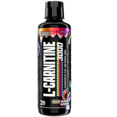Nutrex Liquid L Carnitine 3000 bottle with Sour Gummy Worms flavor, boosting workout energy.