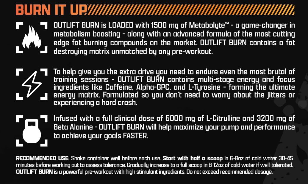 Nutrex Outlift Burn packaging close-up highlights Metabolyte and thermo-ingredients.