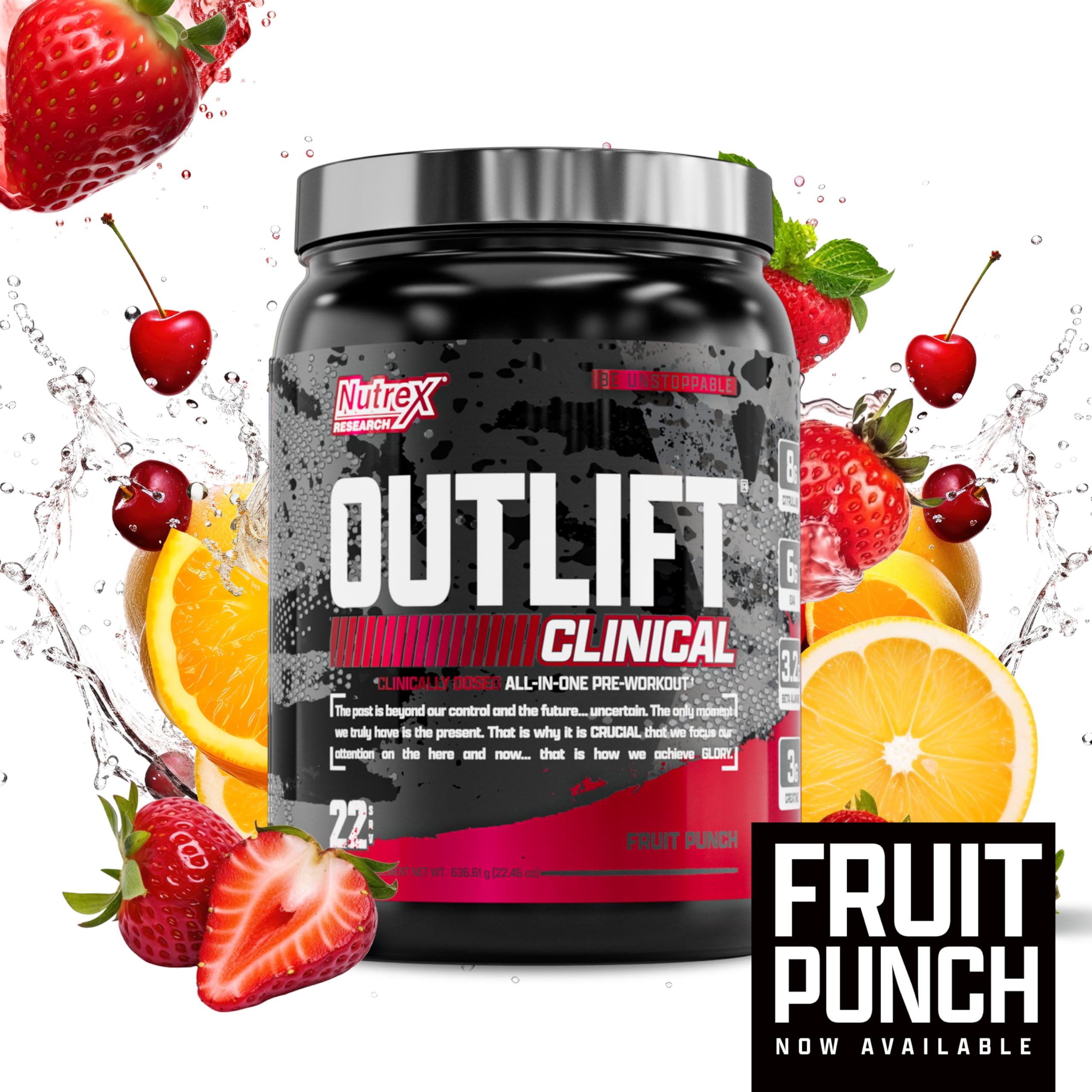 Nutrex Outlift fruit punch serving shows tasty flavor.