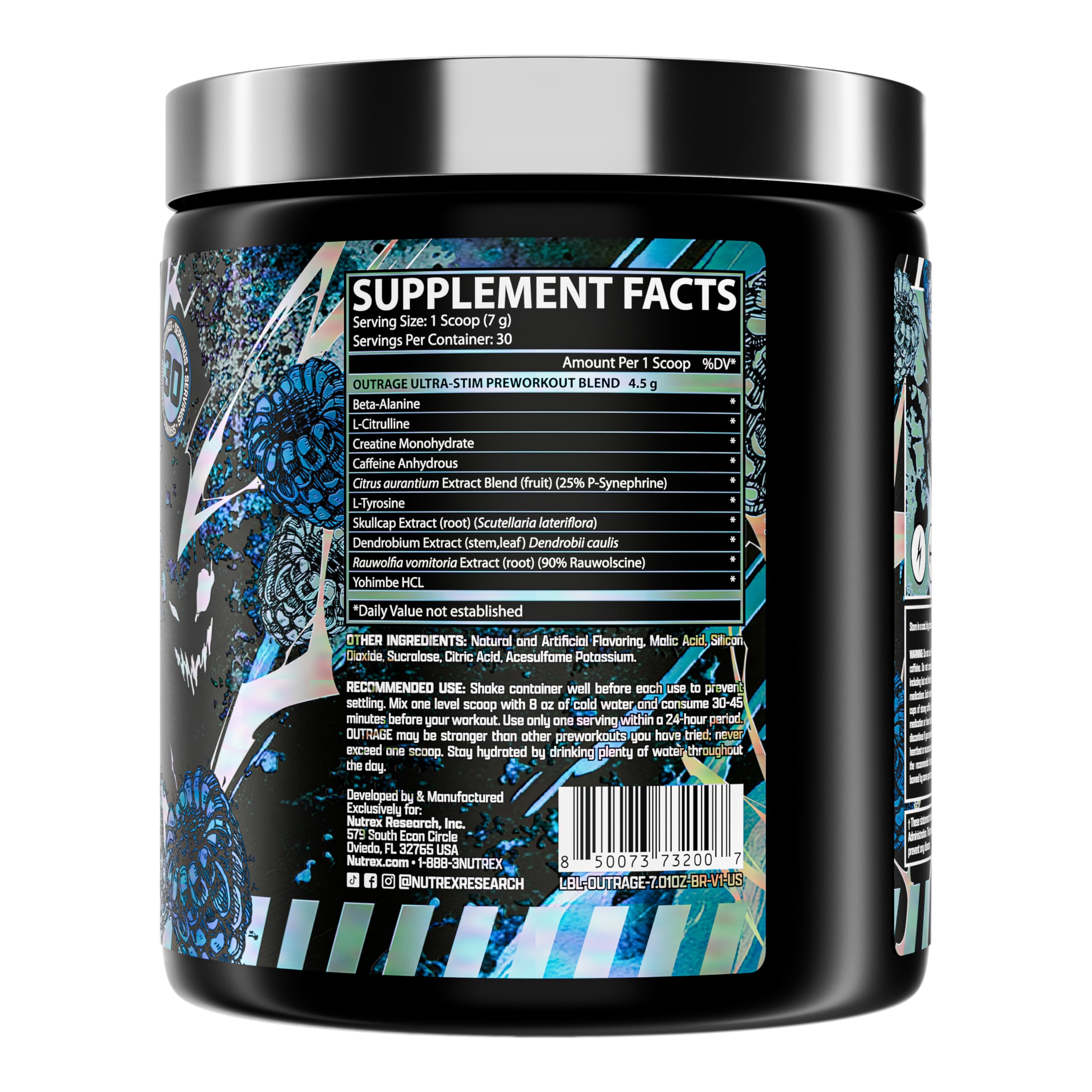 Nutrex Outrage blue raspberry label close-up highlights high-stim formula.