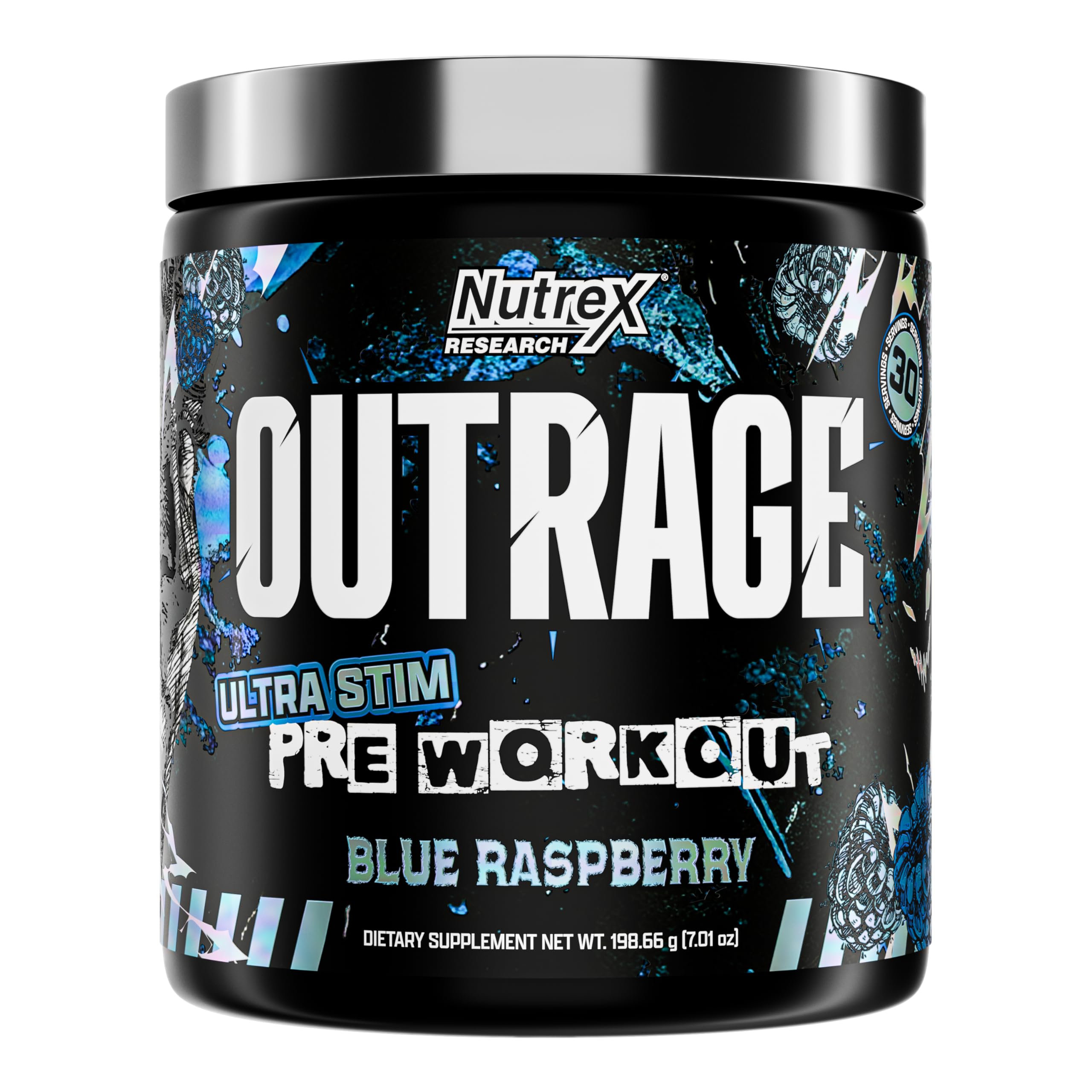 Nutrex Outrage blue raspberry tub for explosive energy and intense focus during workouts.