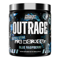 Nutrex Outrage blue raspberry tub for explosive energy and intense focus during workouts.