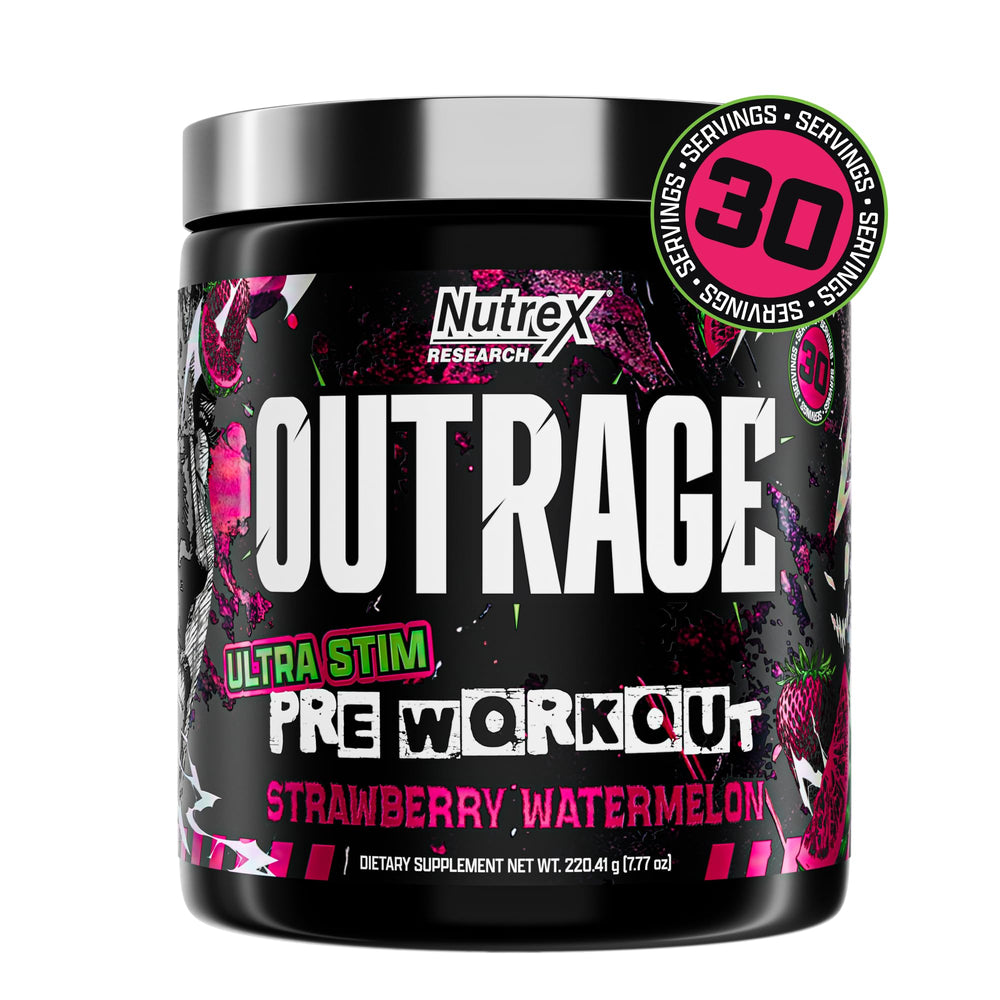 Nutrex Outrage Ultra bottle closeup highlighting high-stim energy for workouts.