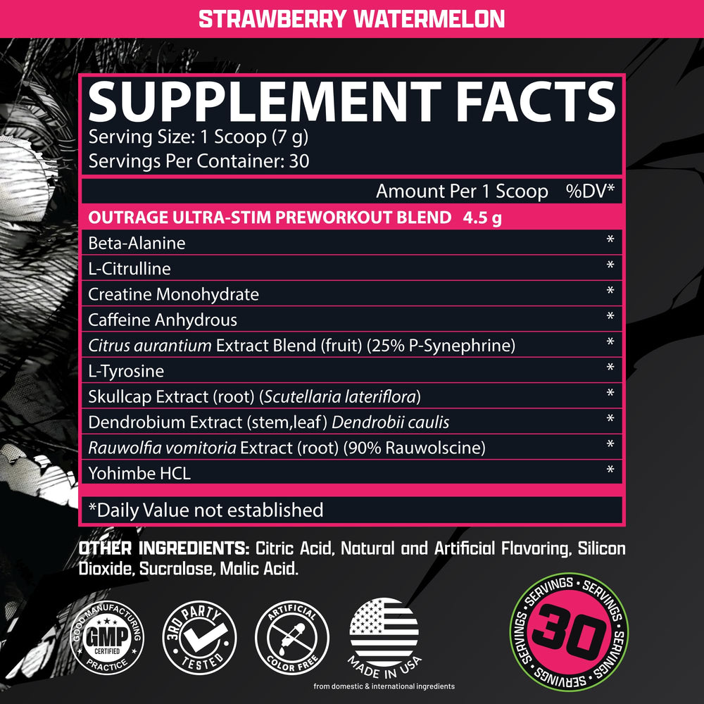 Nutrex Outrage Ultra label closeup emphasizing caffeine and ingredients.