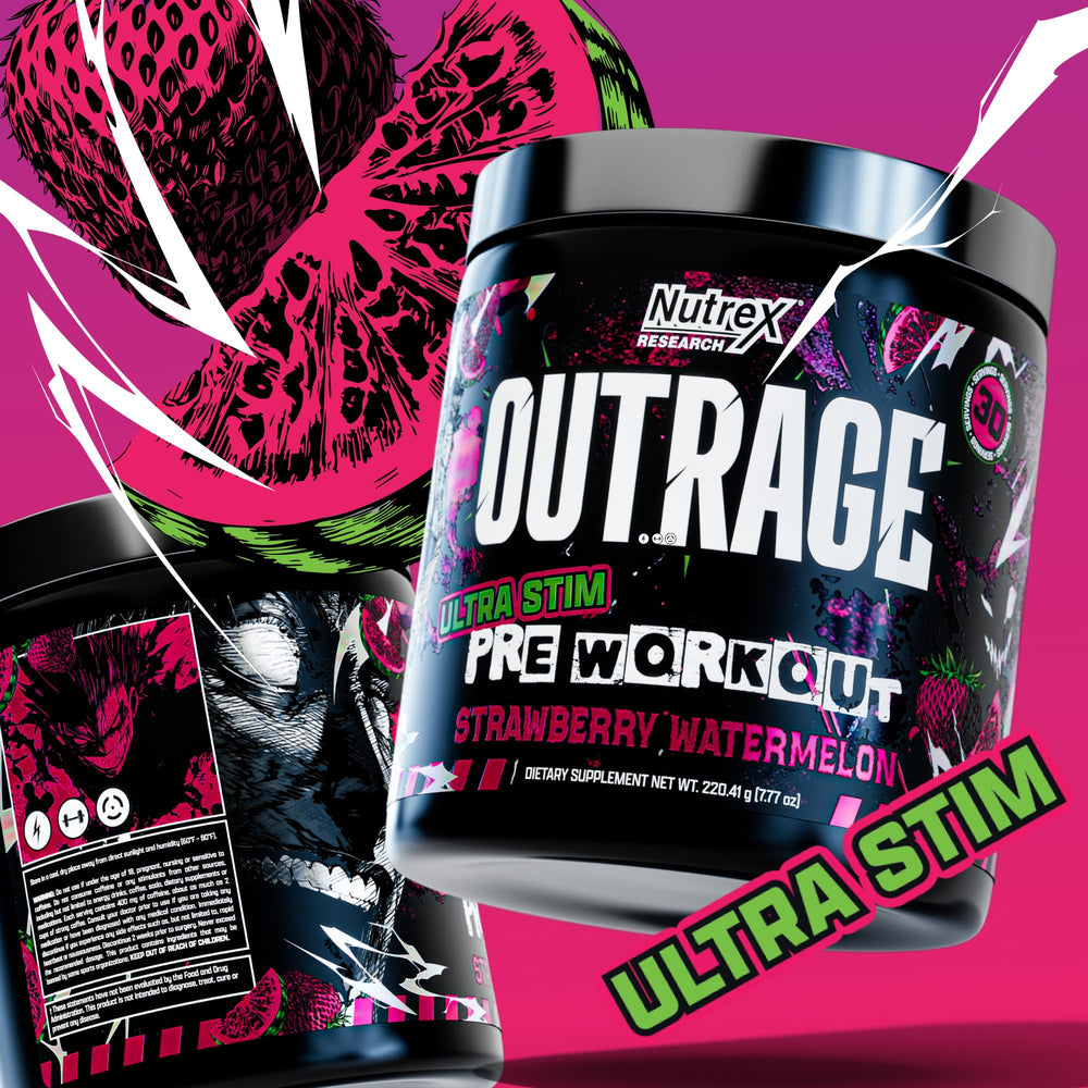 Nutrex Outrage Ultra powder pouring, showing texture and color.