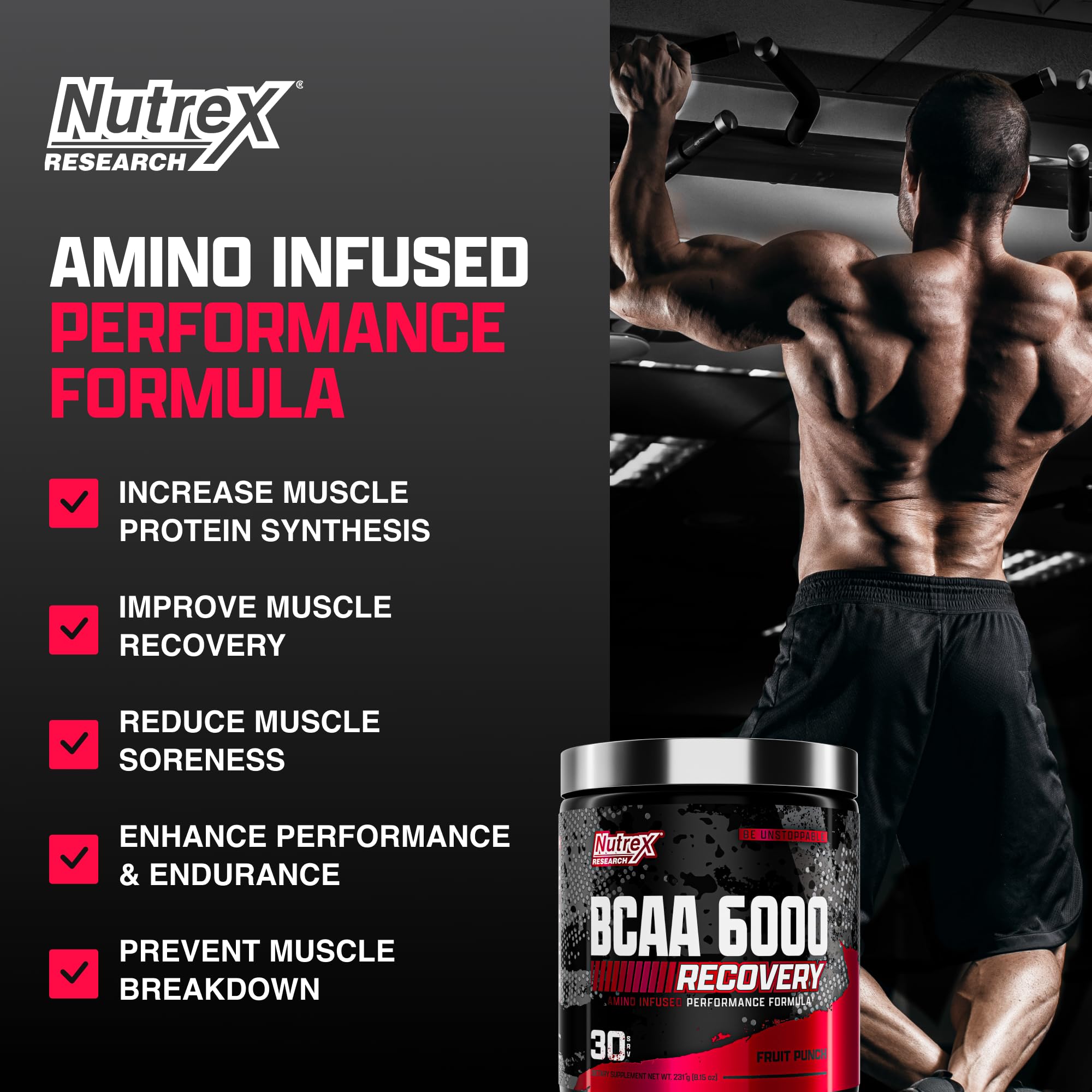 Nutrex Research BCAA Powder 6000 fruit punch drink being prepared for muscle support.