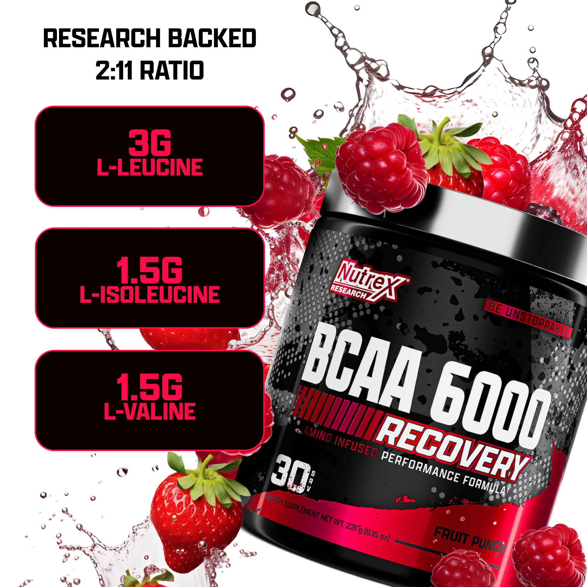 Nutrex Research BCAA Powder 6000 label close-up highlighting 2:1:1 ratio.