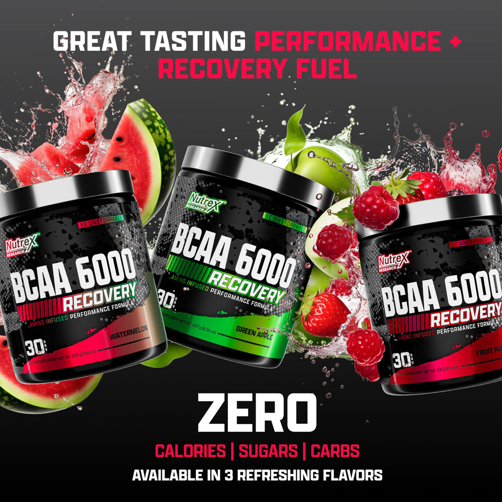 Nutrex Research BCAA Powder 6000 post-workout recovery in shaker bottle.