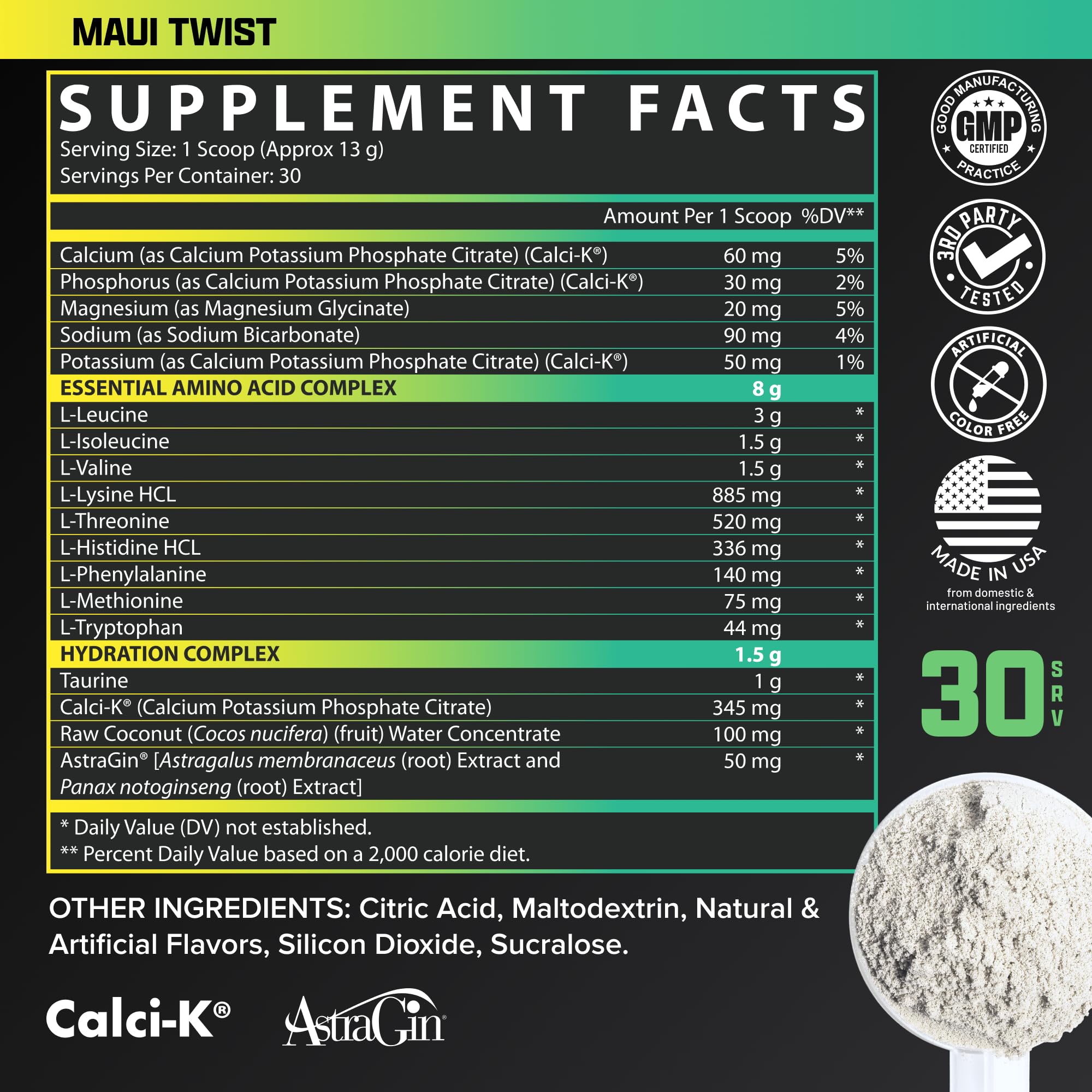 Nutrex Research EAA Hydration label close-up with Maui Twist flavor