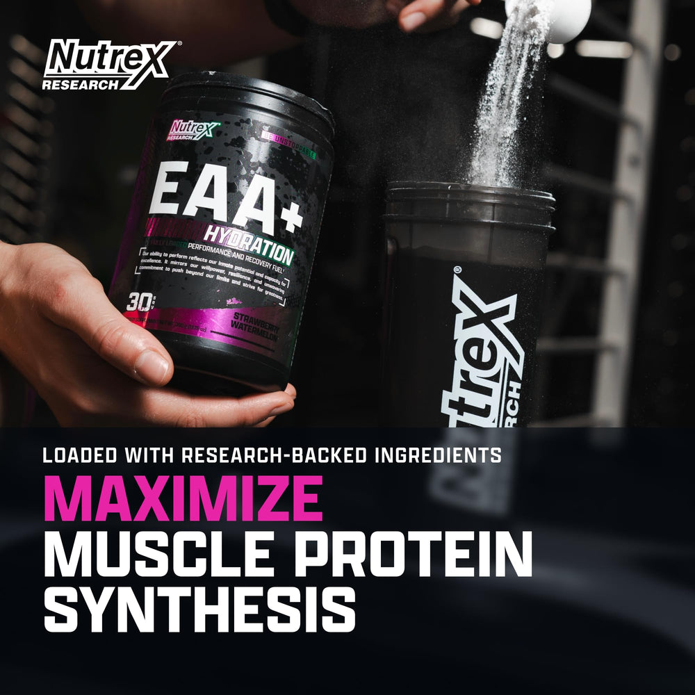 Nutrex Research EAA Hydration powder being scooped for a post-workout shake.