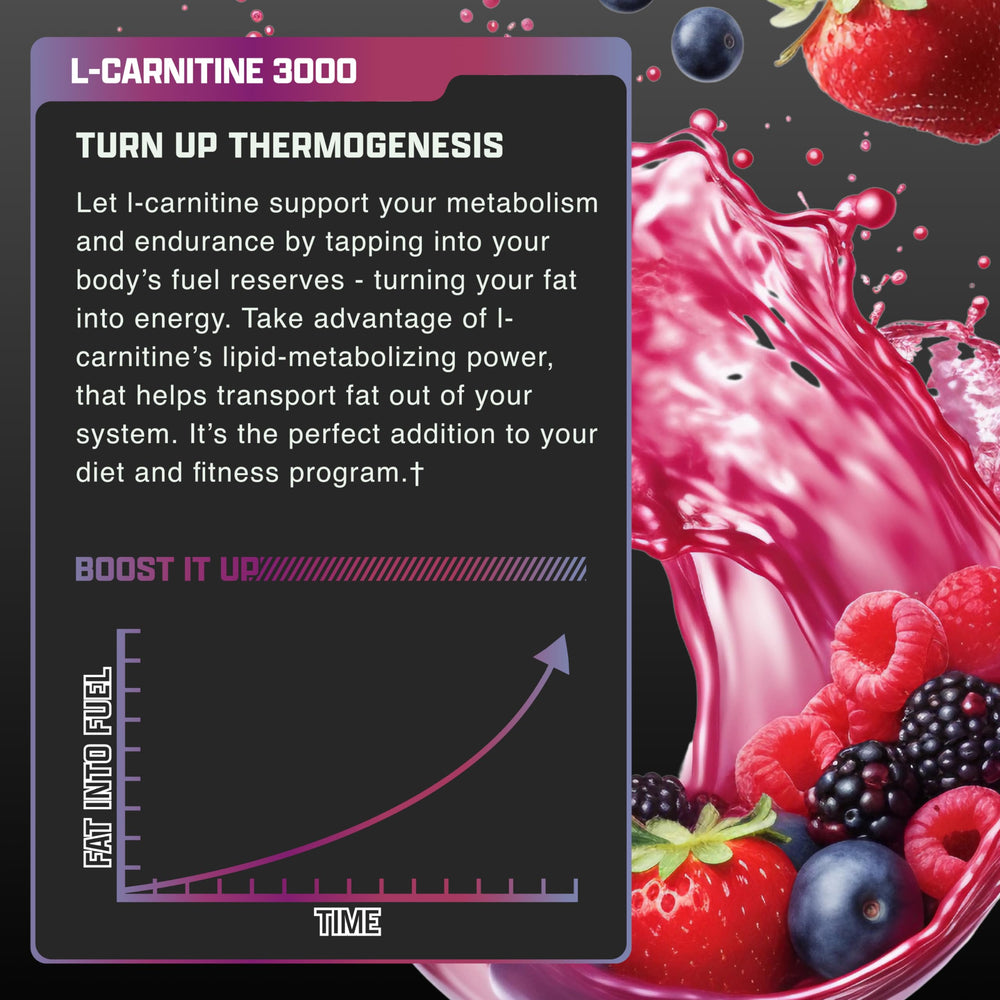 Nutrex Research L-Carnitine 3000 Berry Blast gym scene with vibrant flavor visuals.