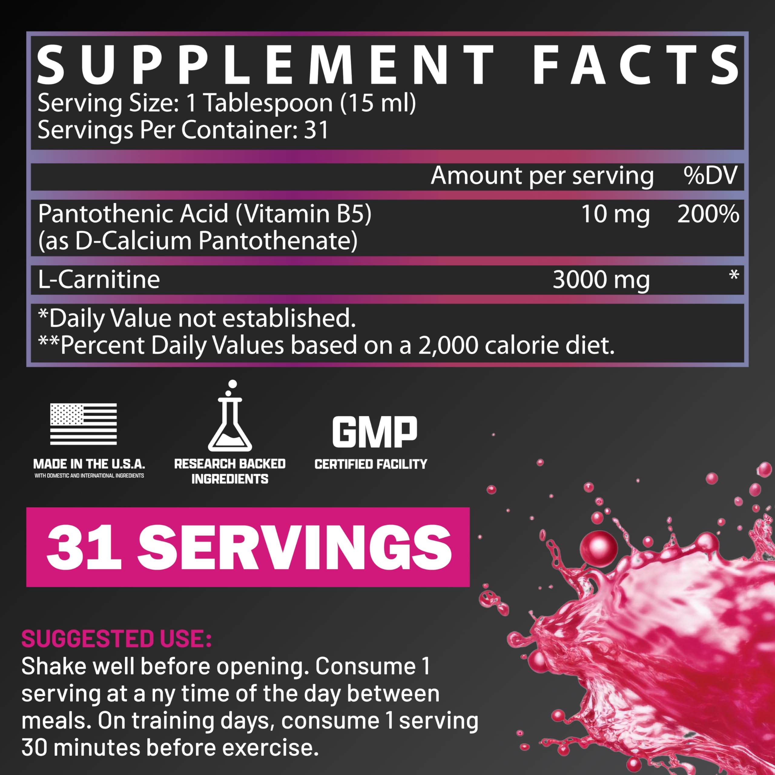 Nutrex Research L-Carnitine 3000 Berry Blast pour shot showing smooth liquid fuel.