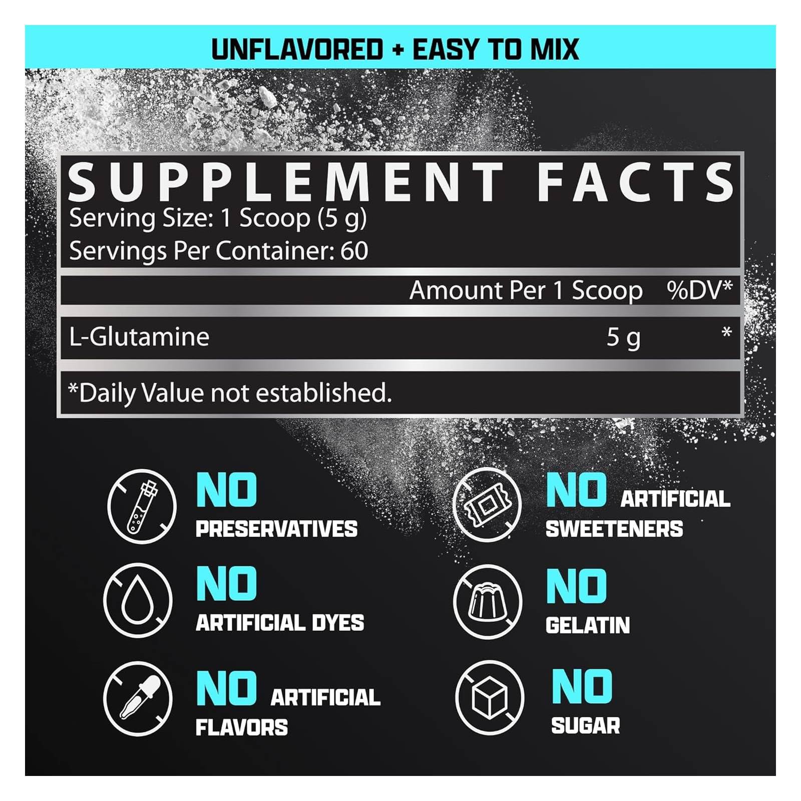 L-Glutamine powder scoop shows 5g serving size for rapid post-workout replenishment.