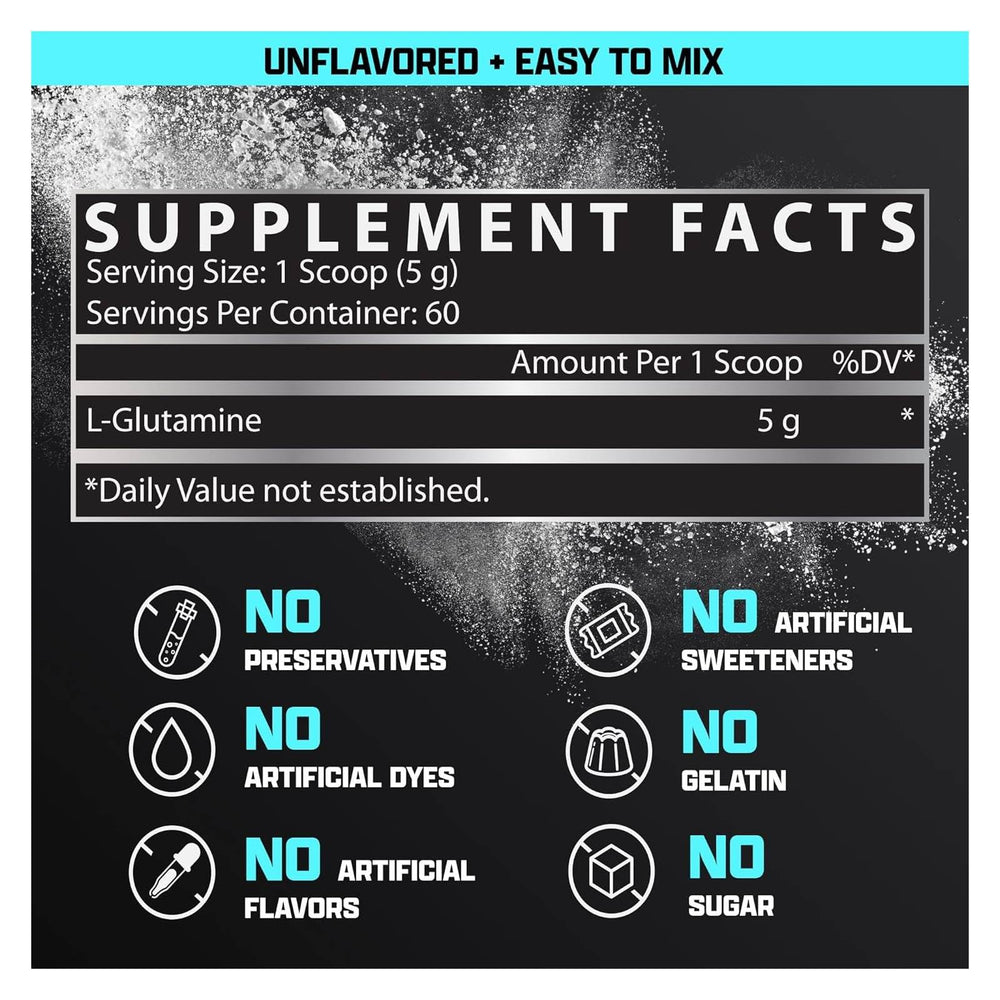 L-Glutamine powder scoop shows 5g serving size for rapid post-workout replenishment.