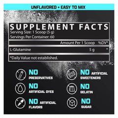 L-Glutamine powder scoop shows 5g serving size for rapid post-workout replenishment.