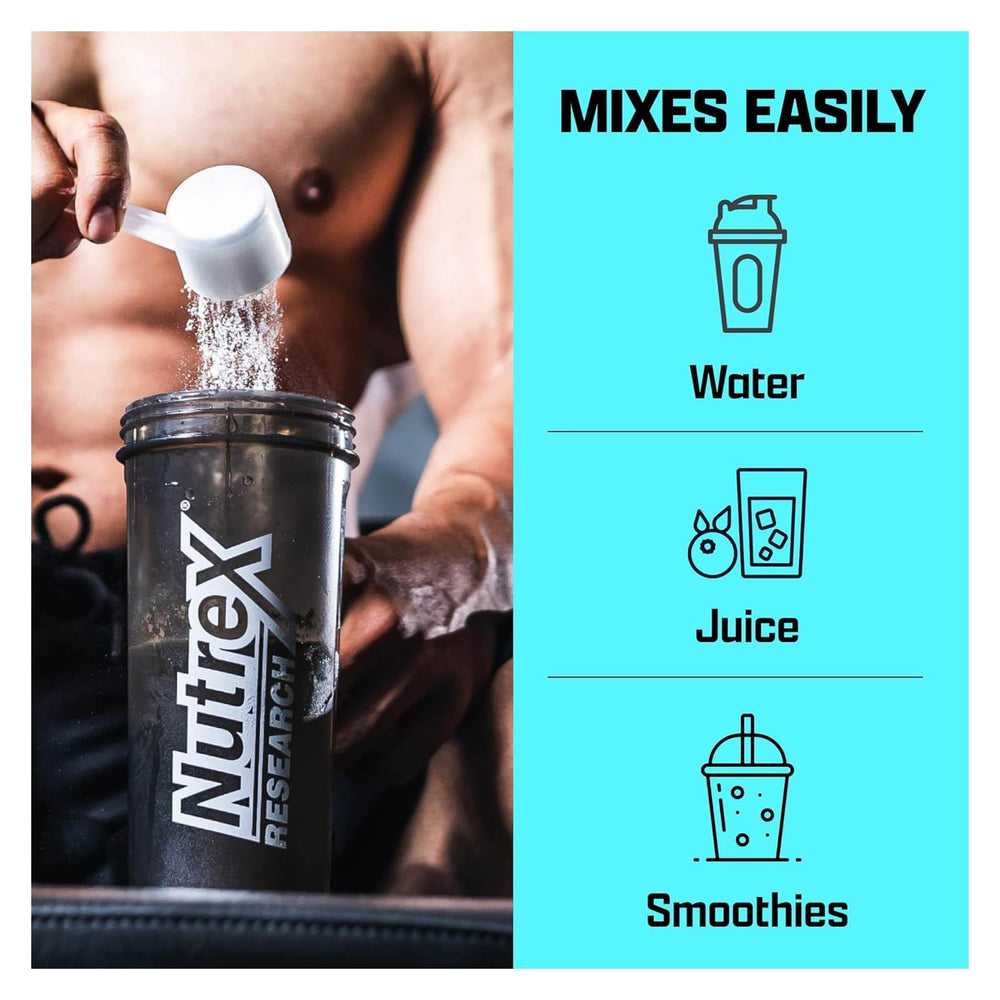 Shaker bottle with Nutrex L-Glutamine powder ready for daily use.