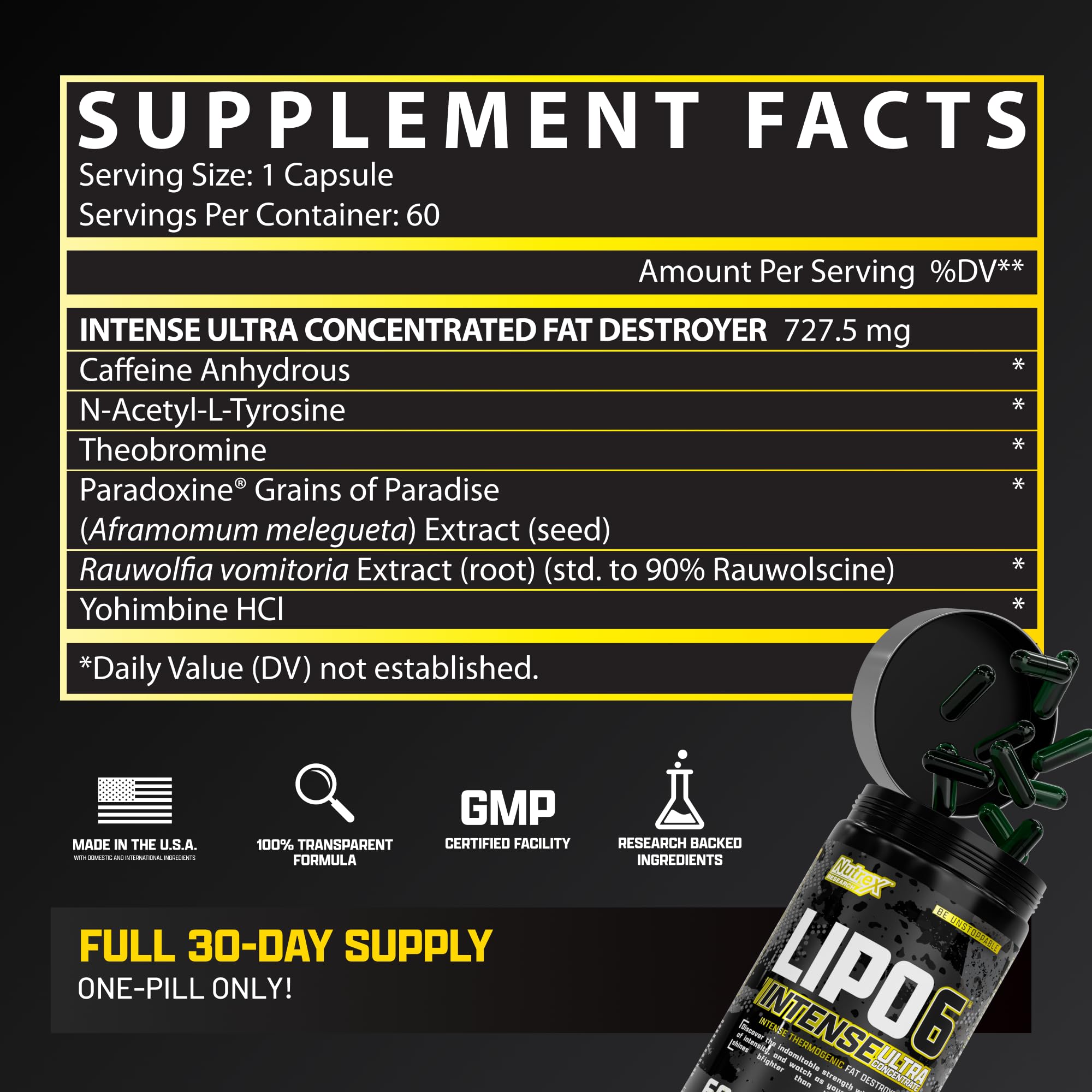 Nutrex Research Lipo6 Black Intense packaging-shot reflects convenient daily use for workouts and busy days.