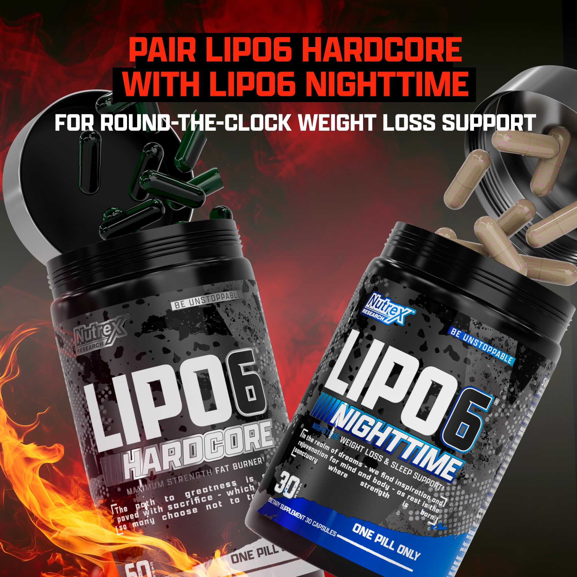 Nutrex Research Lipo-6 Hardcore capsules featured beside a water bottle for on-the-go energy