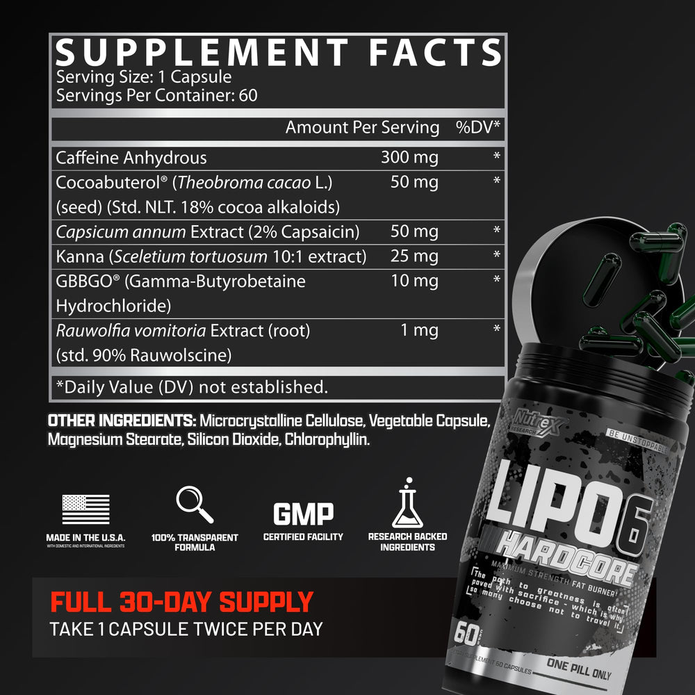 Nutrex Research Lipo-6 Hardcore bottle with gym gear suggesting training and metabolism support