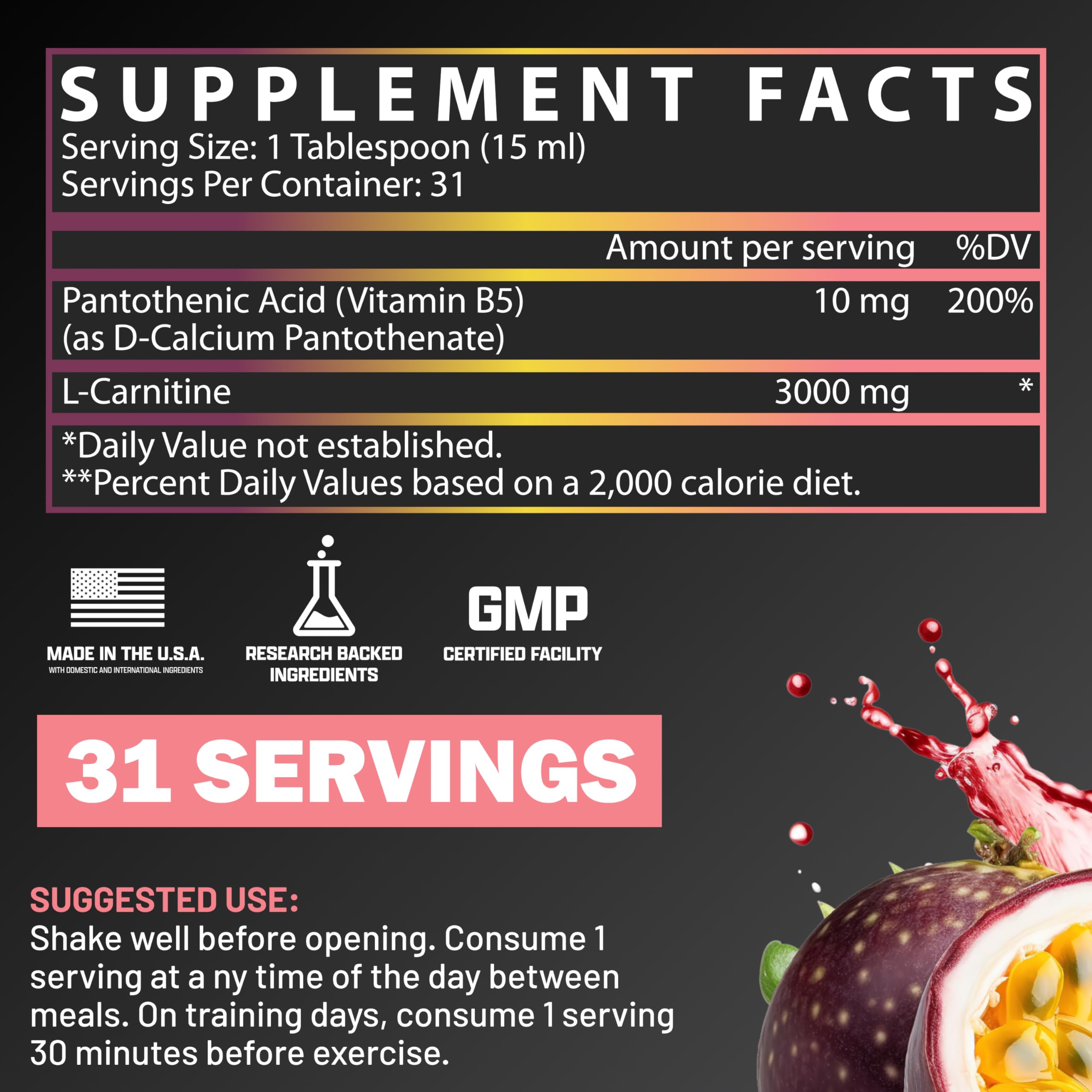 Nutrex Research Liquid Carnitine 3000 label closeup highlights premium quality.