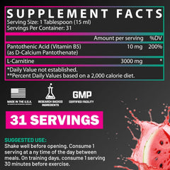 Nutrex Research Liquid Carnitine 3000 pour illustrating fast-acting formula for rapid uptake