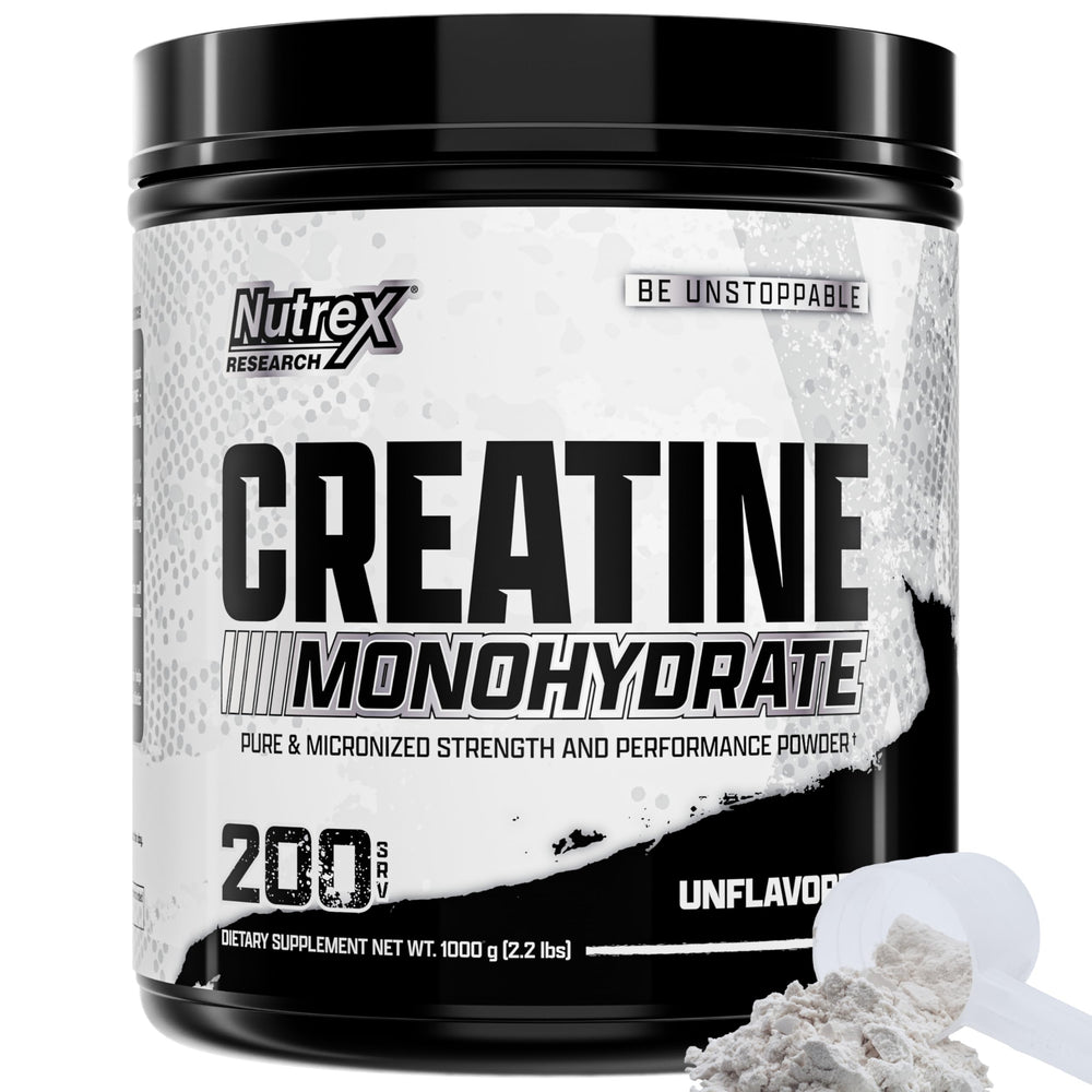 Nutrex Research micronized creatine monohydrate powder in a jar for smooth mixing.