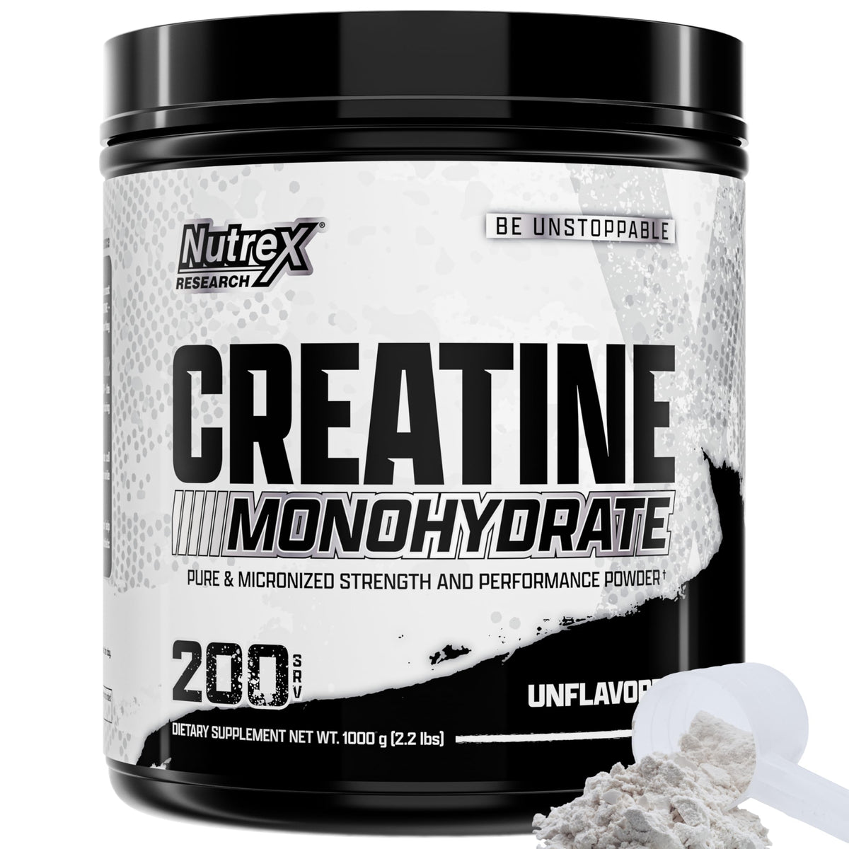 Nutrex Research micronized creatine monohydrate powder in a jar for smooth mixing.