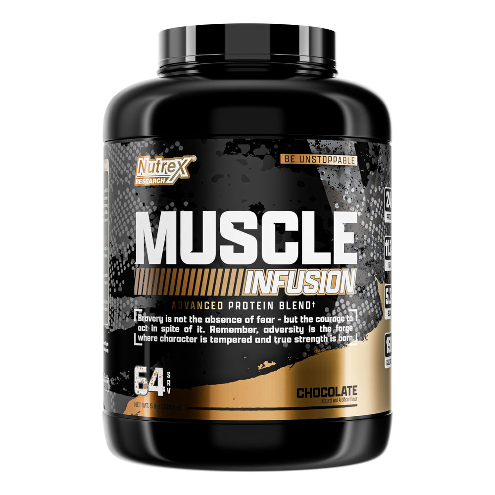 Nutrex Muscle Infusion bottle and prepared shake on workout bench