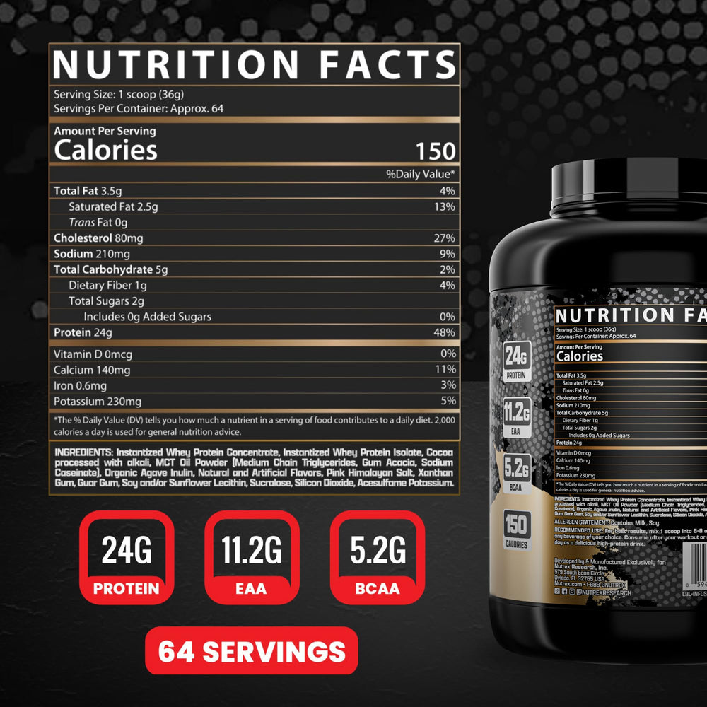 Nutrex Muscle Infusion shake in glass with creamy chocolate flavor