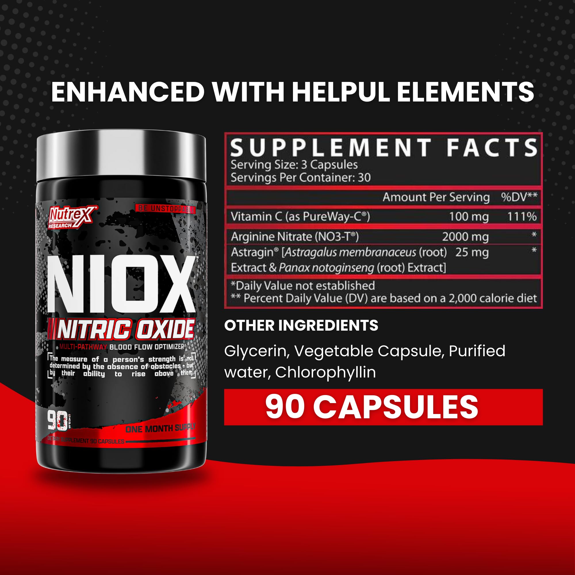 Nutrex NIOX Extreme Pumps bottle back showing key ingredients for enhanced nutrient delivery.