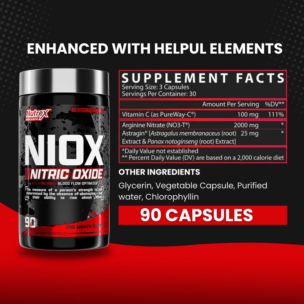 Nutrex NIOX Extreme Pumps bottle back showing key ingredients for enhanced nutrient delivery.