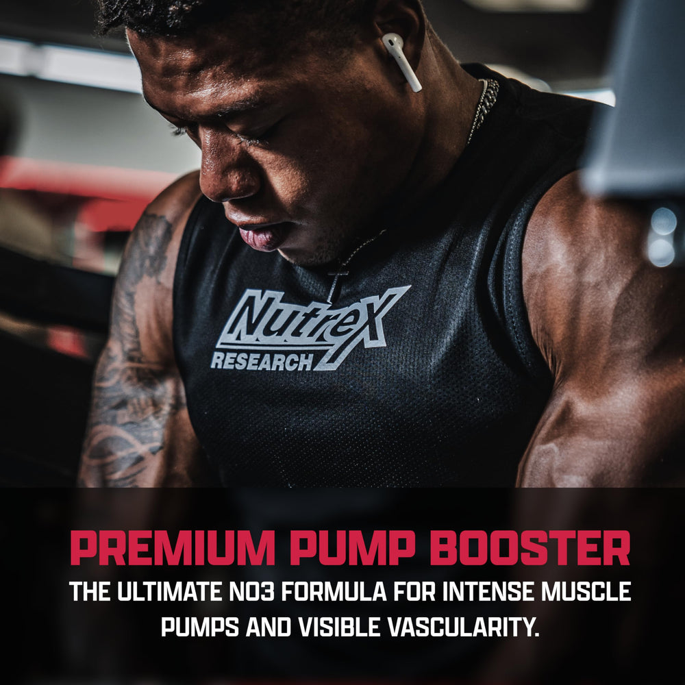 Nutrex NIOX Extreme Pumps label closeup featuring Arginine Nitrate and NO3-T blend.
