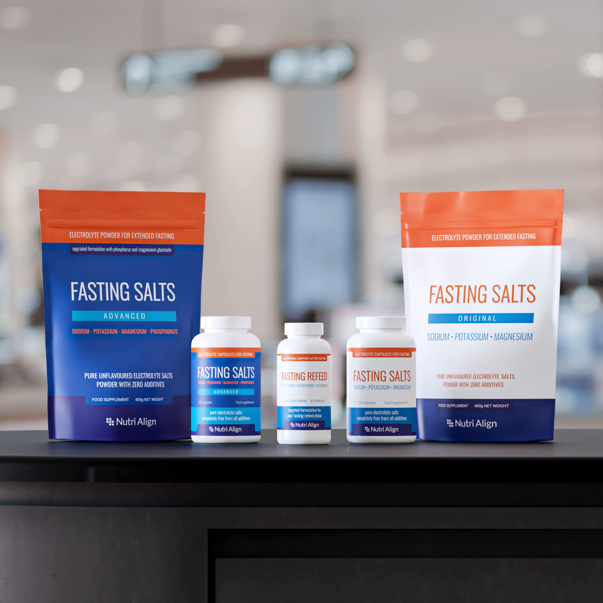 Nutri-Align Fasting Salts box on table with clear branding and packaging.
