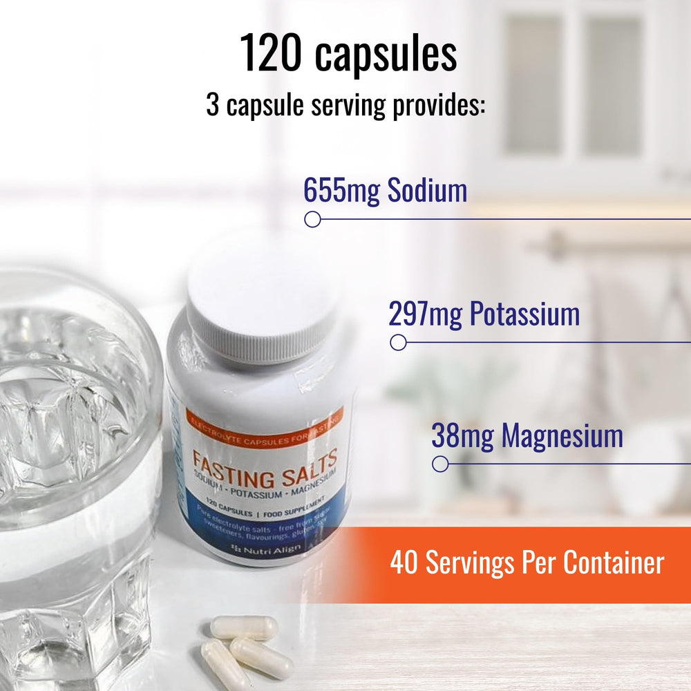 Nutri-Align Fasting Salts dosage calculator label for extended and intermittent fasting guidance.