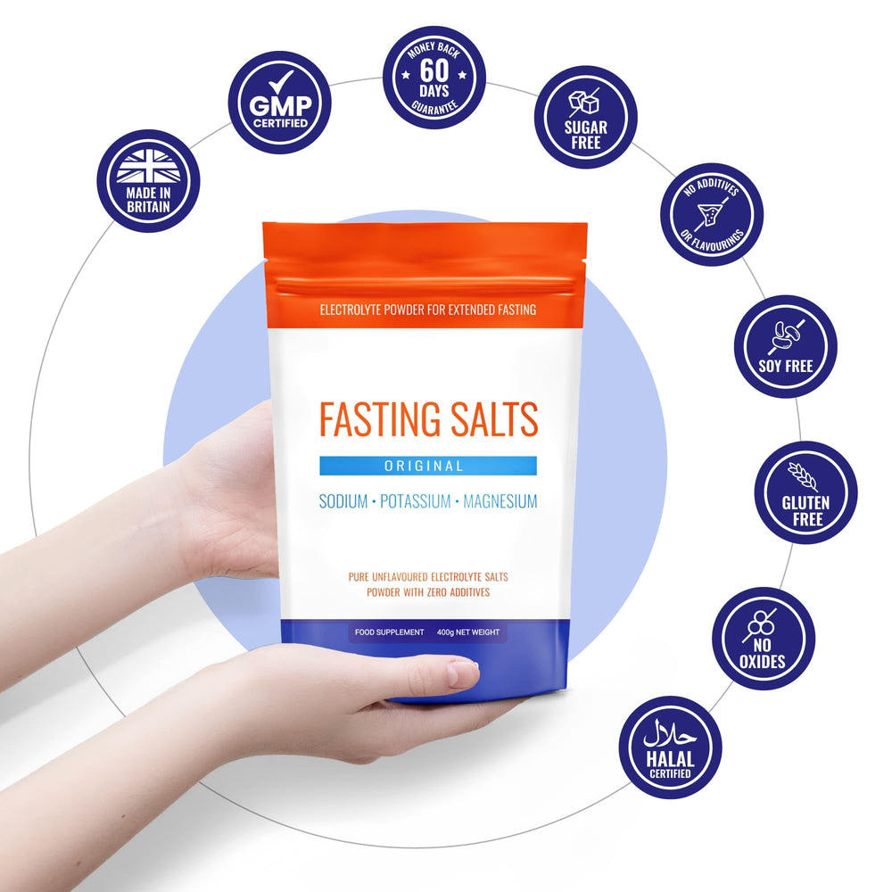 Nutri-Align Fasting Salts packaging back with quality certifications.