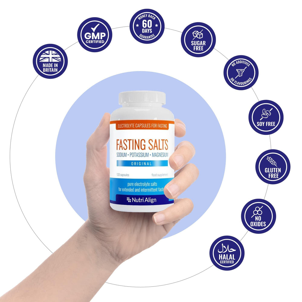 Nutri-Align Fasting Salts packaging highlights no fillers, sugars, or gluten.
