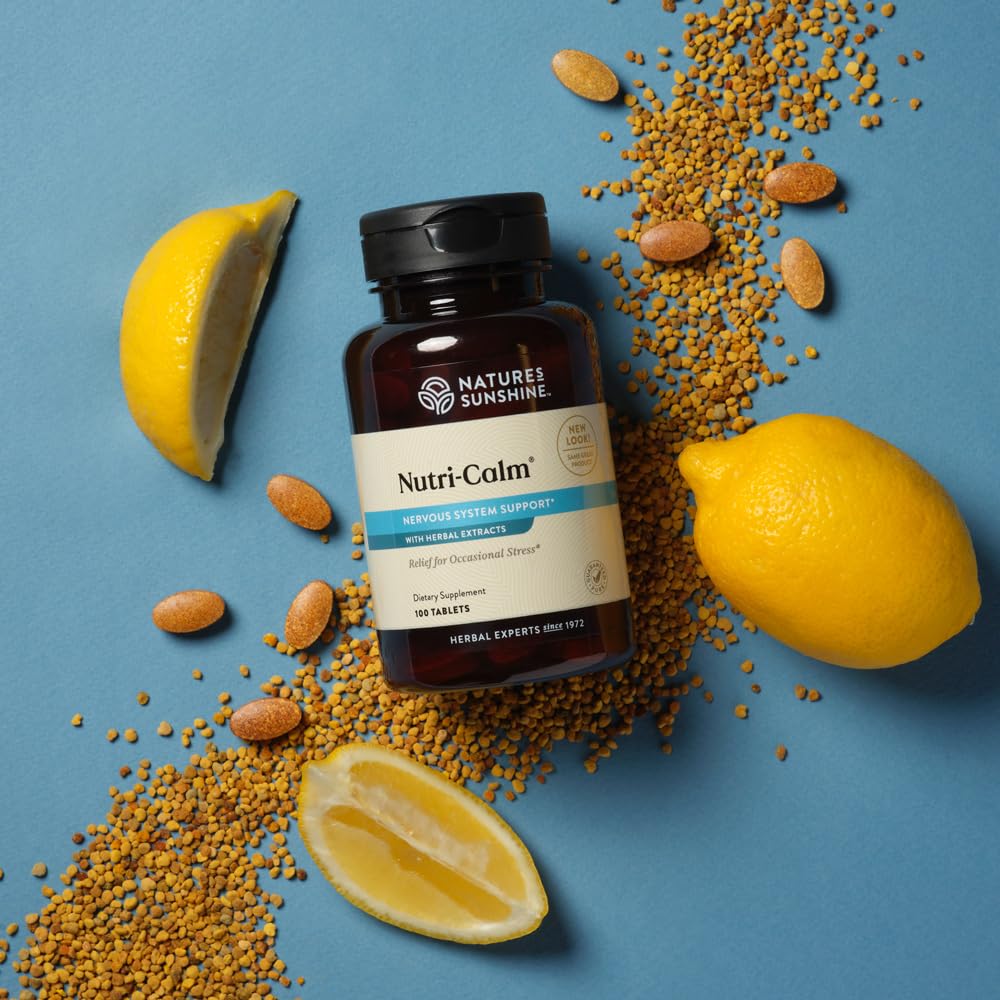 Nutri-Calm label packaging showcases valerian and passionflower blend for balanced calm.
