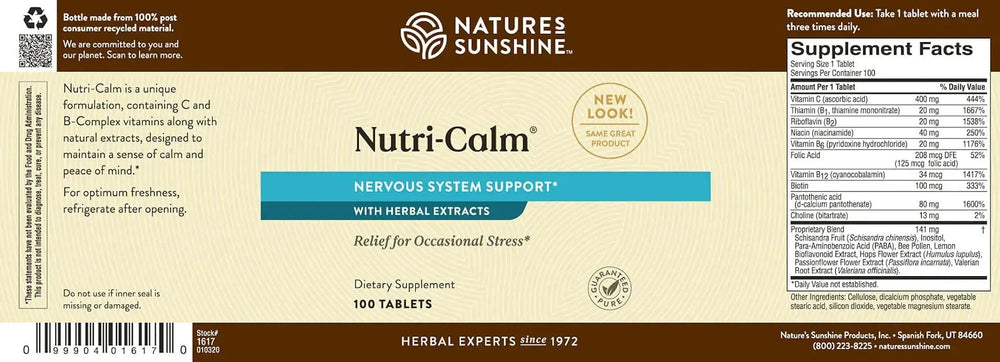 Nutri-Calm with wood backdrop frames a natural wellness option.