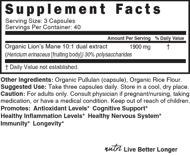 Nutri Organic Lions Mane fruiting body extract signals potent bioactive compounds.