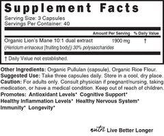 Nutri Organic Lions Mane fruiting body extract signals potent bioactive compounds.