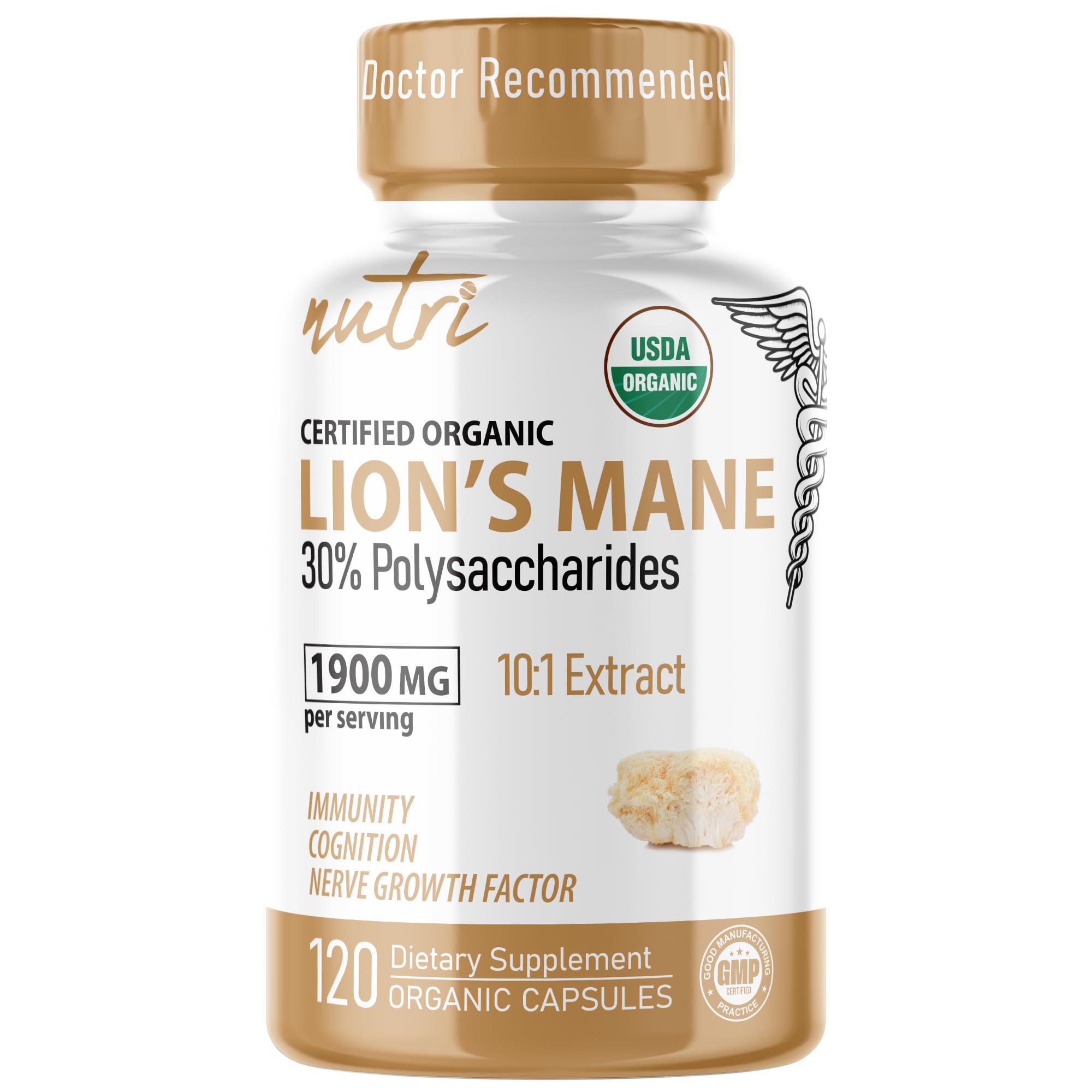 Nutri Organic Lions Mane bottle with capsules for daily cognitive support.