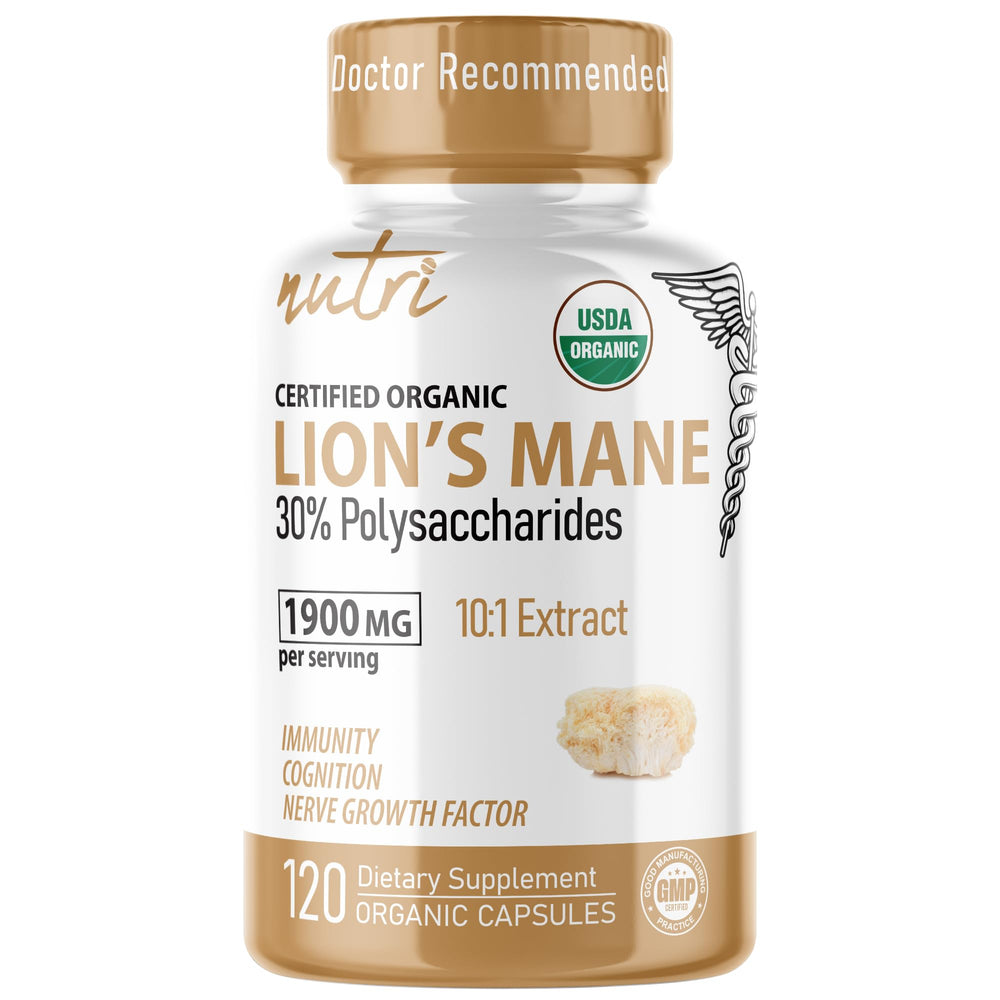 Nutri Organic Lions Mane bottle with capsules for daily cognitive support.
