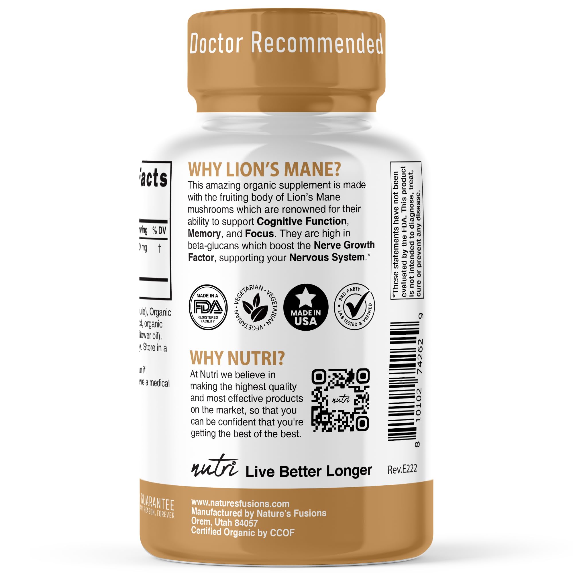 Nutri Organic Lions Mane third-party tested seal implies quality and purity.