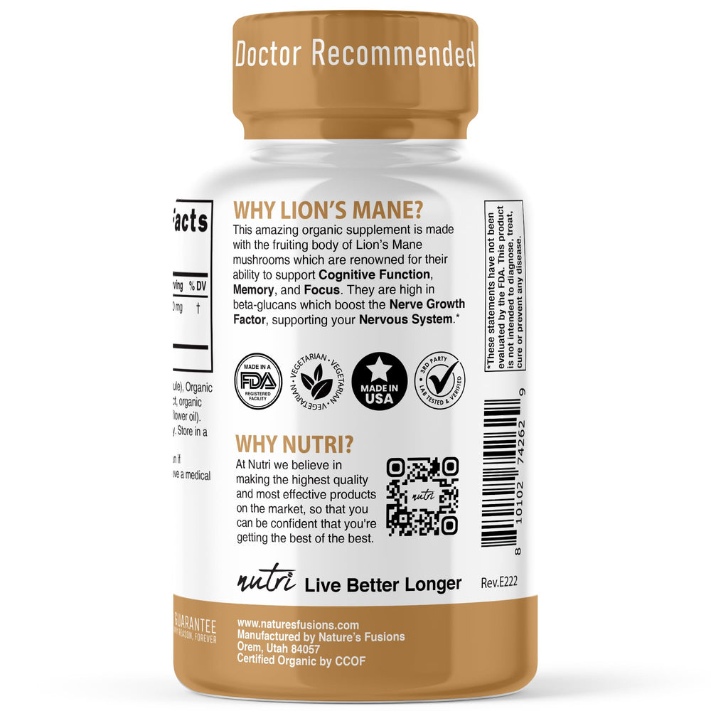 Nutri Organic Lions Mane third-party tested seal implies quality and purity.