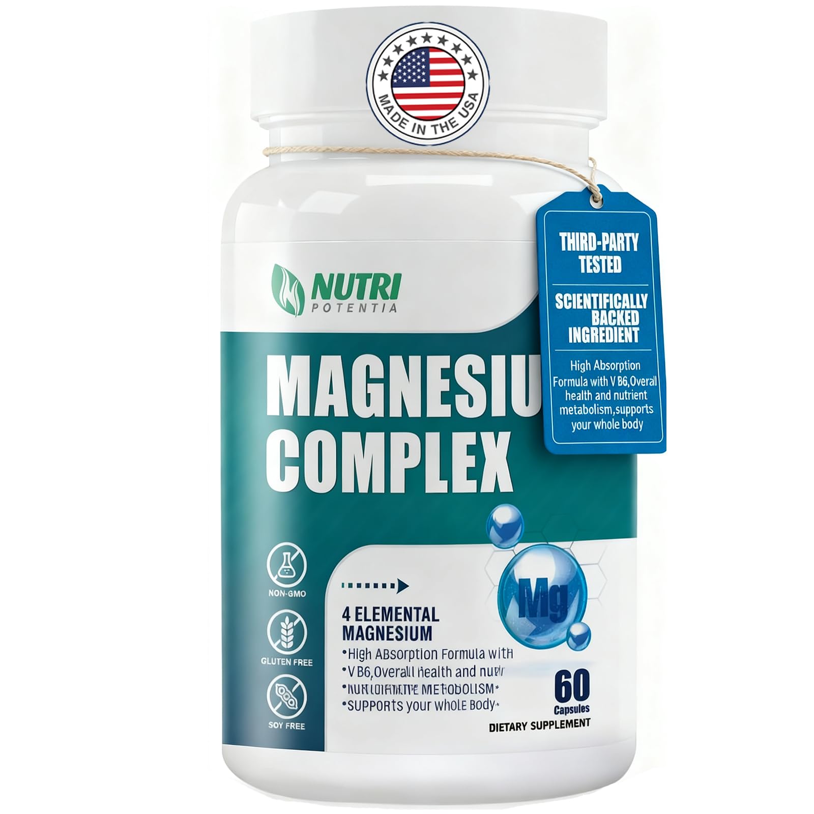 Nutri Potentia Magnesium Complex bottle label closeup showing the high absorption blend