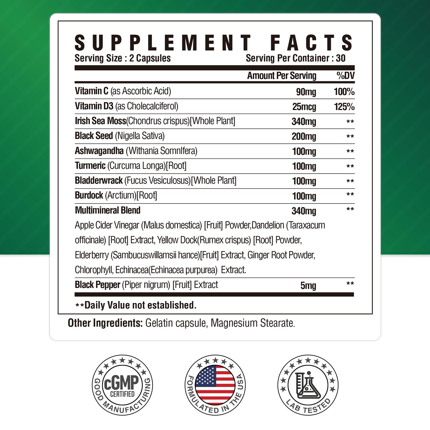 Nutri Potentia Sea Moss Capsules ingredients label