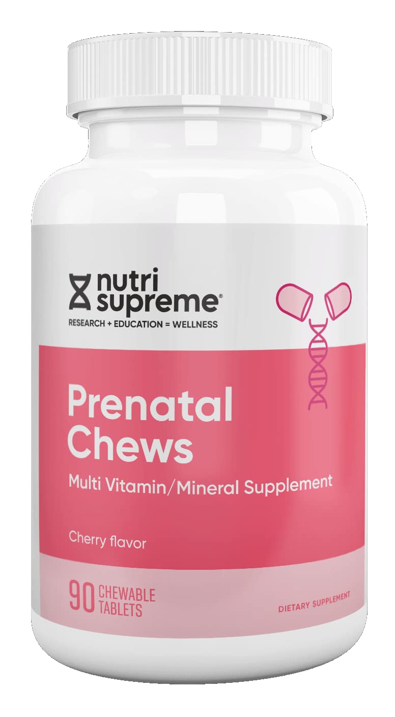Nutri Supreme Prenatal chew bottle shows convenient daily dosage in a cherry-flavored formula