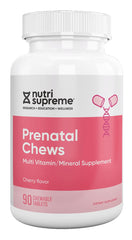Nutri Supreme Prenatal chew bottle shows convenient daily dosage in a cherry-flavored formula