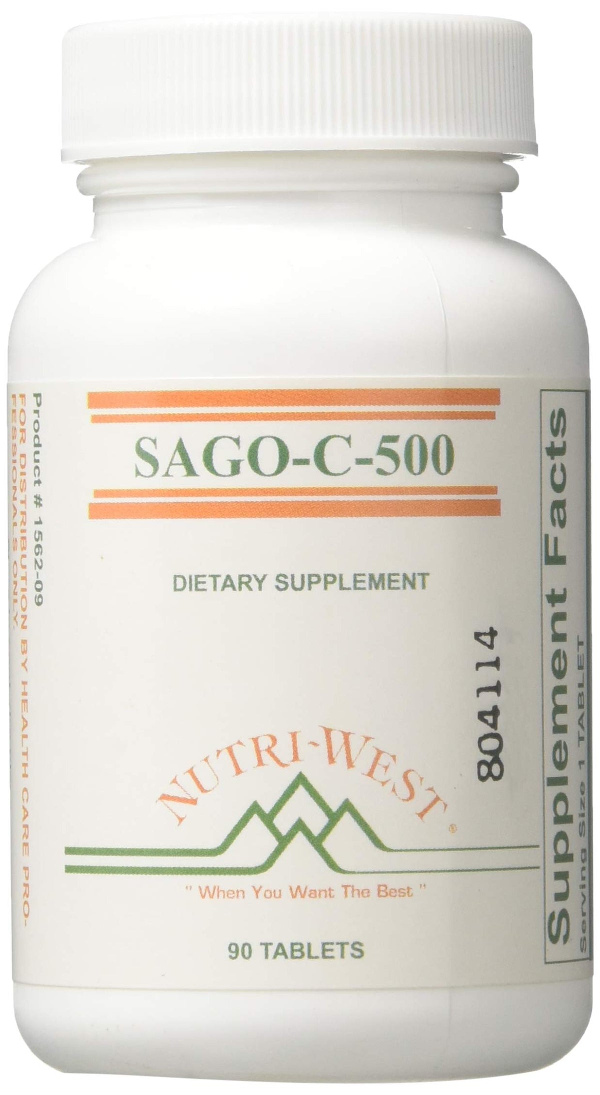 Nutri-West Sago-C-500 bottle front view with 90 tablets for daily use.