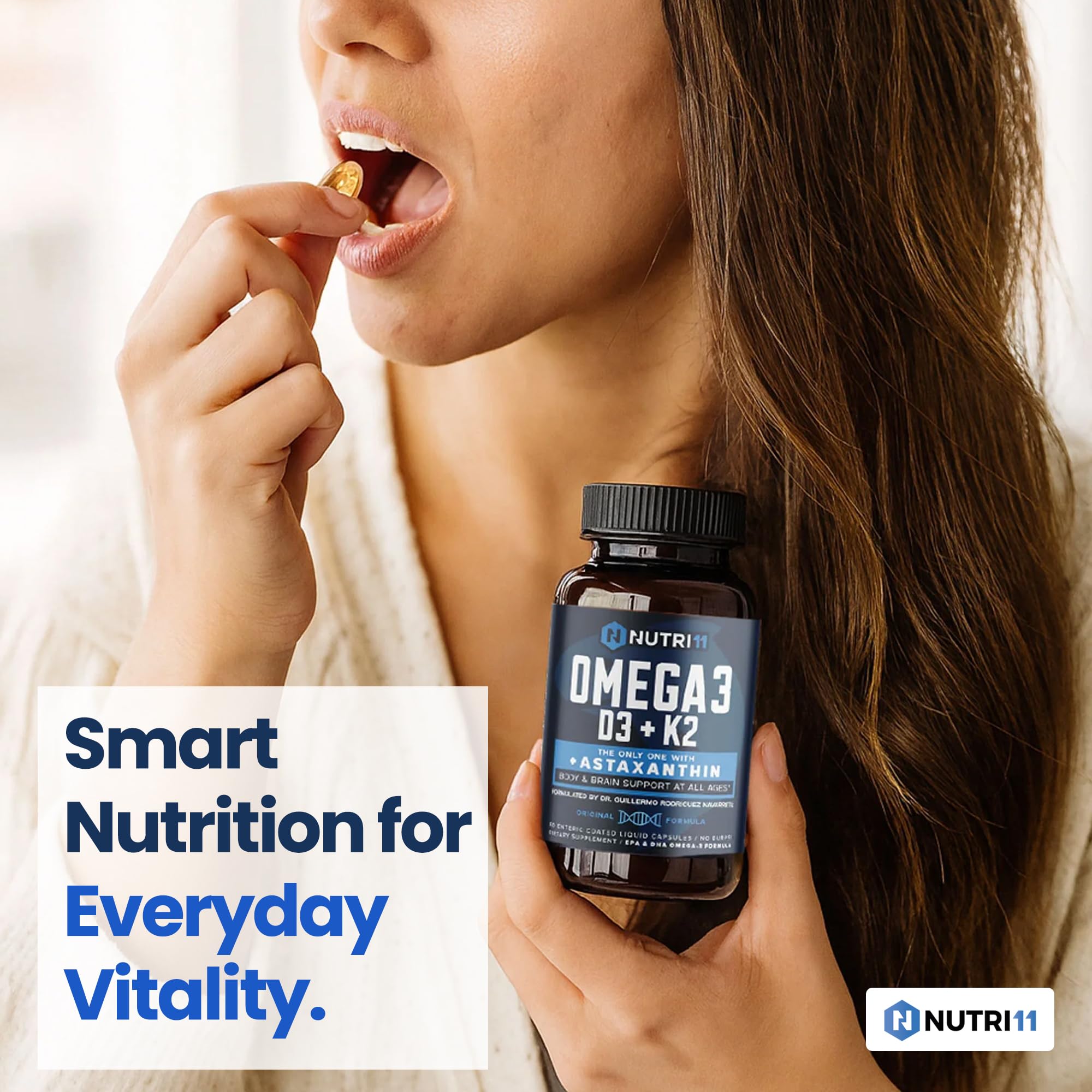 Nutri11 Daily wellness routine use suggests convenient all-in-one omega mix.
